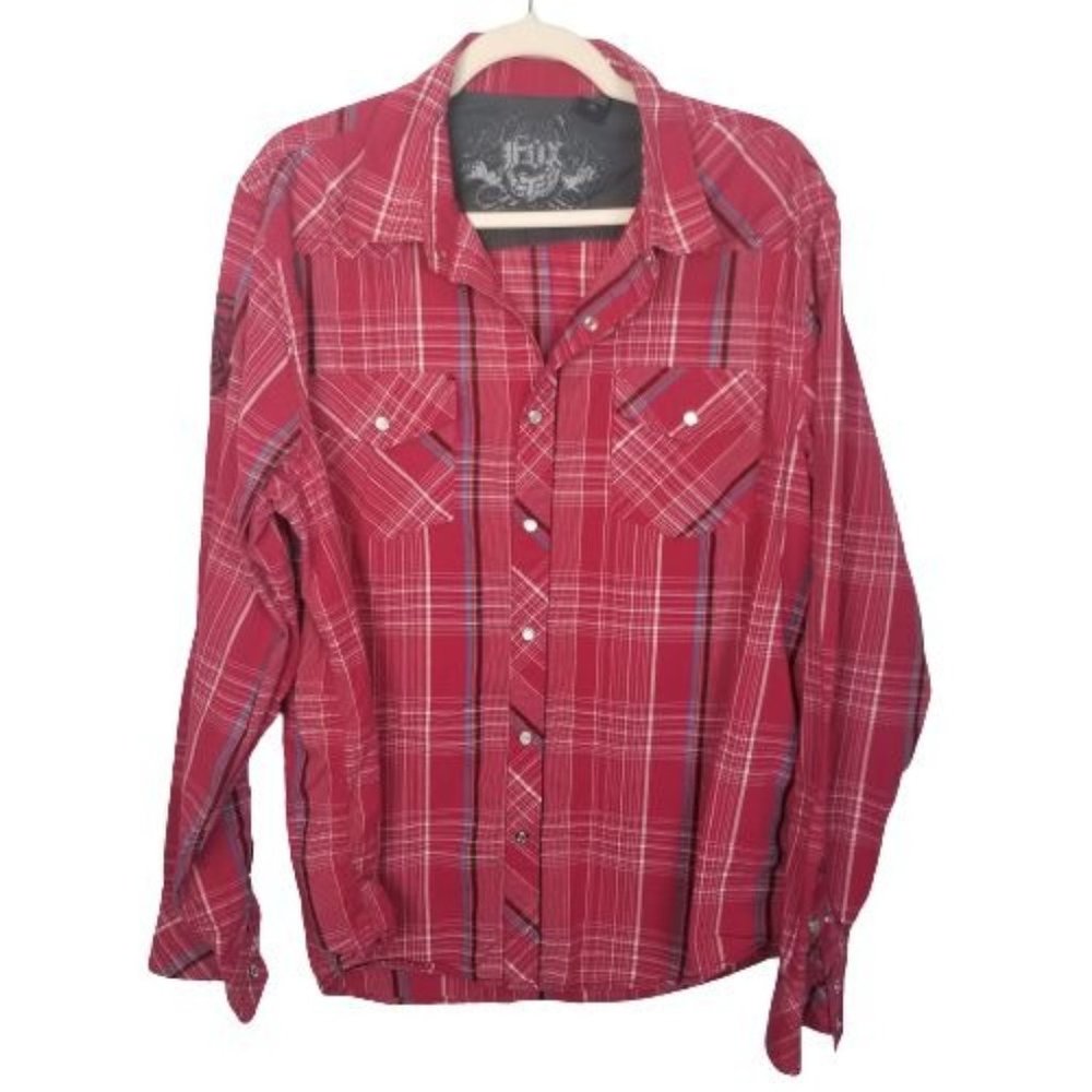 Fox Head Men's XL Red Plaid Long Sleeve Pearl Snap Front Western Shirt Collared